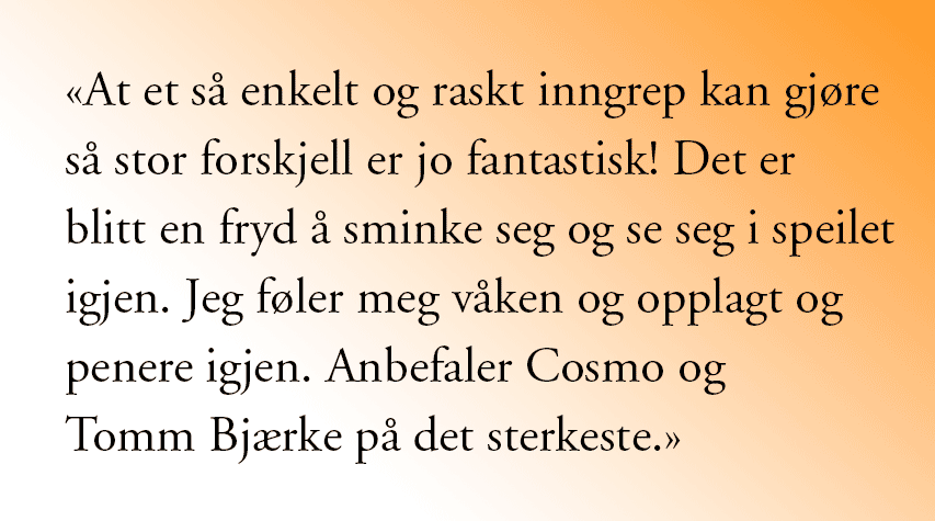 pasientsitat erfaring etter øyelokkoperasjon hos Tomm Bjærke