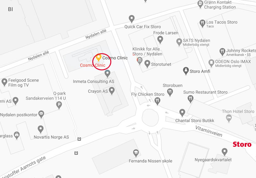 Kart Cosmo Clinic, Nydalen ved BI og Storo Storsenter